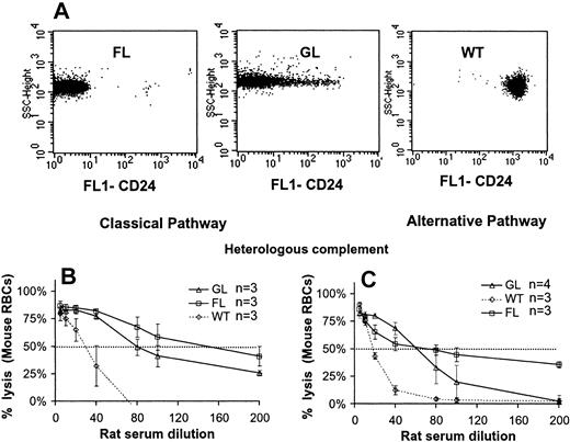 Figure 1. Increased sensitivity of PIGA- RBCs to complement-mediated lysis. (A) Expression of GPI-linked proteins on RBCs from FL, GL, and wt control animals. RBCs were stained with a fluorescent-labeled monoclonal antibody against CD24, a GPI-linked surface antigen highly expressed on normal RBCs. FL cells lack CD24, whereas a proportion of GL RBCs have some residual CD24 expression. (B-C) Lysis of wt, FL, and GL RBCs by heterologous complement. (B) Activation of rat complement was induced by the classical pathway (antibody sensitized RBCs) or (C) by the alternative pathway. RBCs from FL and GL mice were more sensitive to lysis by heterologous complement, activated by either pathway (FL > GL > wt). Data represent mean ± SD.
