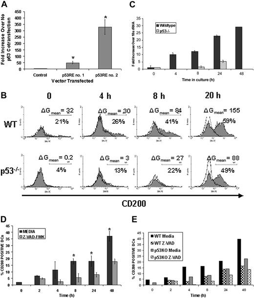 Figure 4. p53 and caspases drive CD200 expression during DC apoptosis. (A) The first and second putative p53REs (p53RE no. 1 and p53RE no. 2) or randomly chosen sequence (control) from the first intron of the human CD200 gene were cloned into a luciferase expression vector containing a minimal promoter element. NCI-H1299 cells were cotransfected with either of these constructs with or without a p53 expression vector (pFC-p53). Results shown are fold increases in luciferase activity over no pFC-p53 cotransfection for each vector. *P < .005 compared with control by Mann-Whitney U test. Results are representative of 5 replicate experiments. (B) CD11c+ DCs were isolated from wild-type (WT) and p53-/-C57BL/6 mice and cultured in complete DMEM for 48 hours to induce apoptosis. Cells were stained with CaspACE and anti-CD200 mAb in the presence of 7-AAD at various time points. Shaded and unshaded histograms represent staining with anti-CD200 and isotype control mAbs, respectively. Cells shown are gated on early apoptotic cells (CaspACE+/7AAD-). Results are representative of 2 replicate experiments. (C) Quantitative real-time RT-PCR was performed on cultured CD11c+ cells derived from either WT or p53-/- mice. Total RNA was normalized to 18S rRNA at each time point. Results are representative of 2 experimental replicates. (D) CD11c+ DCs were cultured in medium for 48 hours in the presence or absence of 100 μM Z-VAD-FMK and assayed for CD200 expression. *P < .05 as compared with Z-VAD-FMK treatment. Results are combined data from 3 replicate experiments. (E) DCs from WT and p53-/- mice were isolated as described earlier, cultured in medium with or without 100 μM Z-VAD-FMK, and examined for CD200 expression by flow cytometry. Error bars indicate ±1 SD (A, C-D).