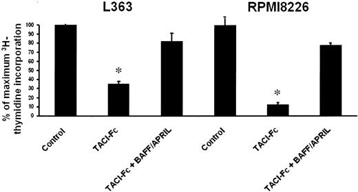 Figure 4. Autocrine BAFF or APRIL are involved in the growth of autonomously growing HMCLs. L363 and RPMI8226 cells were starved for 3 hours and cultured without cytokine, or in the presence of TACI-Fc (10 μg/mL) or TACI-Fc (10 μg/mL) and BAFF/APRIL (200 ng/mL BAFF and 200 ng/mL APRIL). Results are the mean values plus or minus SD of the tritiated thymidine incorporation determined on sextuplet culture wells and are expressed as the percentage of the proliferation obtained without cytokine. * Mean value is statistically significantly different from that obtained without adding TACI-Fc using a Student t test (P ≤ .05).