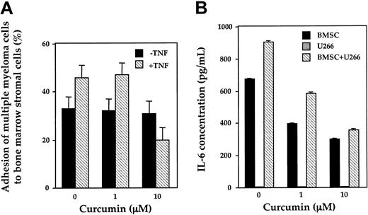 Figure 7. Inhibition by curcumin. (A) Curcumin inhibits TNF-induced adhesion of multiple myeloma cells to bone marrow stromal cells (BMSCs). BMSCs were incubated with curcumin (0, 1, and 10 μM) for 12 hours followed by treatment with TNF (5 ng/mL) for 2 hours. After replacing the culture media, tritiated thymidine-labeled U266 cells were added and, after 1 hour, the percentage of adherent cells evaluated. (B) Curcumin inhibits constitutive and MM cell–induced IL-6 production from BMSCs. BMSCs and U266 cells were cultured alone or together in the presence or absence of curcumin (1 to 10 μM). After 24 hours, culture supernatants were collected and measured IL-6 by ELISA. Values represent the mean ± SD of triplicate cultures.