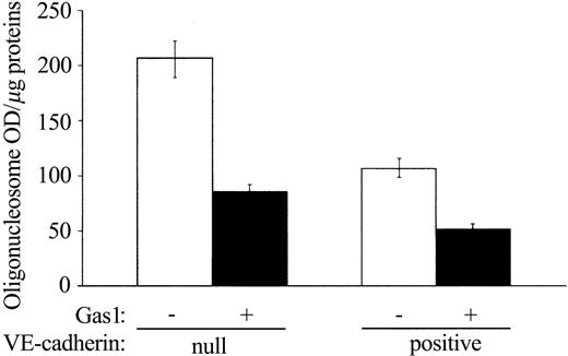 Figure 4. Gas1 reduces endothelial cell apoptosis by serum deprivation. VE–cadherin-null and VE-cadherin–positive endothelial cells transfected or not transfected with Gas1 cDNA were cultured in absence of serum for 72 hours. Cell apoptosis was quantified by measuring DNA fragmentation as oligonucleosomes OD (absorbance A405nm - A490nm)/μg proteins of cell extract. The values are means ± SD of 4 separate experiments performed in triplicate.