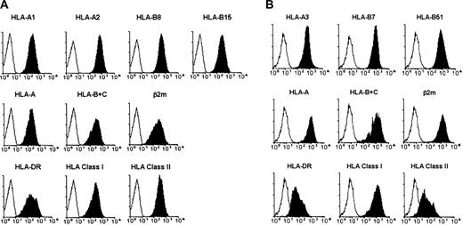 Figure 1. HLA antigen expression by cell lines. Flow cytometric analysis of NALM-6 (A) and MONO-MAC-6 (B) cell lines stained with HLA class I and class II antigen–specific mAbs (black). Irrelevant, isotype-matched mAbs were used as controls (white).