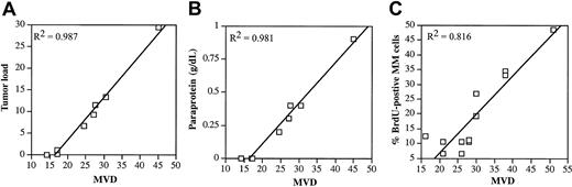 Figure 2. Correlation between MVD and the tumor load, paraprotein, and BrdU incorporation. (A) Correlation between MVD and tumor load during 5T2MM disease progression. Tumor load was assessed as described in the legend of Figure 1. BM samples from the same mice were stained for CD31, and MVD (number of blood vessels per 0.20 mm2) was quantified. Each point represents mean value of 3 animals. (B) Correlation between MVD and paraprotein during 5T2MM disease progression. MVD was measured as described in “Materials and methods.” Before killing, the animals were bled and serum paraprotein concentration was quantified by protein electrophoresis. Each point represents mean values of 3 mice. (C) Correlation between MVD and BrdU incorporation during 5T2MM disease progression. MVD was quantified as described in panel A. 5T2MM cells from different disease stages were sorted by flow cytometry. Cells were incubated with BrdU for 1 hour followed by flow cytometric analysis of nuclei. Each point represents data from one mouse.