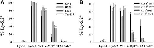 Figure 2. Competitive long-term repopulating ability of wild-type, c-Mpl-/-, and STAT5ab-/- BM cells in vivo. (A) BM cells from Ly-5.2 background wild-type, c-Mpl-/-, or STAT5ab-/- mice were collected from 1 donor mouse (experiment 1) or 2 donor mice (experiment 2) and mixed 5:1 with wild-type BM cells from congenic Ly-5.1 mice and injected into lethally irradiated hosts (Ly-5.1). Seventeen weeks later recipient mice were analyzed by FACS for Ly-5.2+ cells in multiple peripheral blood hematopoietic lineages (Gr-1, myeloid; B220, B-lymphocyte; CD4, T-lymphocyte; and Ter119, erythroid progenitor) from 3 recipients (experiment 1) and 3 recipients (experiment 2). The results of experiment 1 and experiment 2 (n = 6) were averaged. Shown is the percentage of Ly-5.2+ cells in multiple lineages of primary recipients, representing 3 donor mice from 2 separate experiments. The results of total Ly-5.2+ cells in all 10 primary recipients were similar to the multilineage analysis (data not shown). At 26 weeks (experiment 1) and 17 weeks (experiment 2), these mice were killed, and the BM cells were injected into secondary Ly-5.1 recipients, and after 12 to 16 additional weeks the engraftment in the total peripheral blood mononuclear fraction was determined by FACS (described in “Results”). (B) At 17 weeks after transplantation, a portion of the BM from the second of the 2 competitive repopulation experiments was harvested from the primary mice that received transplants and used for analysis of the relative engraftment in BM populations enriched for c-Kit expression. Ly-5.1–negative control and Ly-5.2–positive controls that did not receive transplants are shown on the left for both peripheral blood and BM analyses. Error bars indicate standard deviation.
