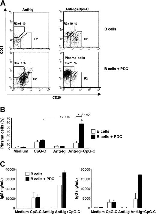 Figure 6. PDCs enhance plasma cell development and immunoglobulin production of antigen- and CpG-stimulated B cells. B cells (1 × 105 B cells/200 μL/well) were incubated alone or in the presence of PDCs (1 × 104 PDCs/200 μL/well) and were stimulated with CpG-C (3 μg/mL), anti-Ig (10 μg/mL), or a combination of CpG-C and anti-Ig. (A) After 8 days the frequency of plasma cells (CD20-CD38+) was determined by flow cytometry. The frequency of CD20-CD38+ plasma cells is indicated in the upper left quadrant (top panel, B cells alone; bottom panel, B cells cocultured with PDCs). One representative dot plot is shown. (B) The mean plasma cell frequencies (± SEM) of 5 independent experiments are depicted. (C) After 13 days IgM (left panel) and IgG (right panel) were measured in the supernatants by ELISA. Data are shown as means ± SEM of 3 independent experiments (□, B cells alone; ▪, B cells plus PDCs).