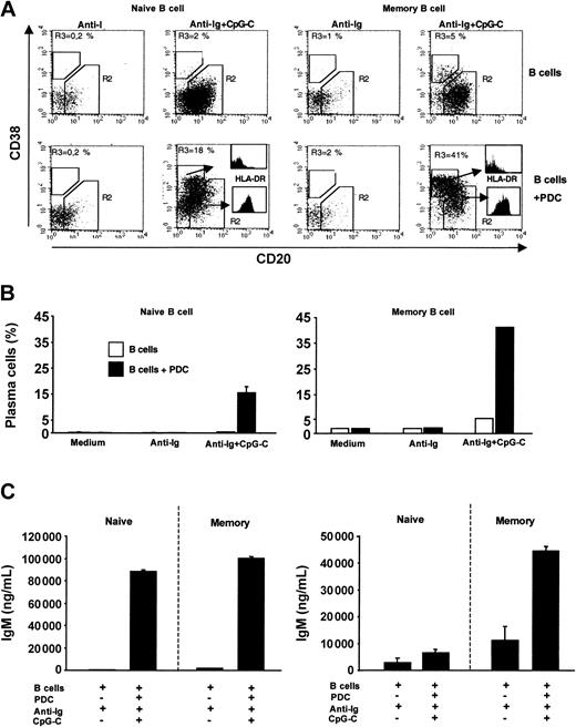 Figure 7. PDCs trigger plasma cell differentiation of naive and memory B cells. Sorted naive or memory B cells (1 × 105 B cells/200 μL/well) were incubated alone or in the presence of PDCs (1 × 104 PDCs/200 μL/well) and were stimulated with anti-Ig (10 μg/mL) with or without CpG-C (3 μg/mL). (A) After 8 days the frequency of plasma cells (CD20-CD38+) and the MHC II expression was determined by flow cytometry. The frequency of plasma cells (gate R3) is indicated in the upper left quadrant (left panel, naive B cells; right panel, memory B cells; upper panel, B cells alone; lower panel, B cells plus PDCs). The expression of MHC II on plasma cells and nonplasma cells is shown by histograms. (B) The mean plasma cell frequency is depicted (naive B cells, mean ± SEM of 2 independent experiments; memory B cells, one experiment; □, B cells alone; ▪, B cells plus PDCs). (C) After 13 days IgM and IgG were measured in the supernatants by ELISA. Data are shown as means ± SEM of 3 independent experiments.