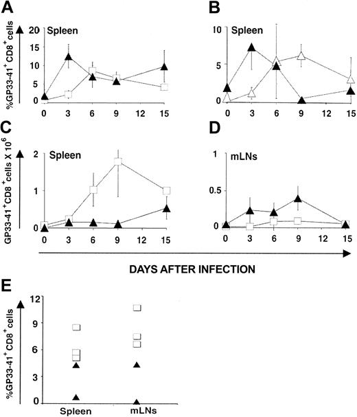 Figure 3. CTL responses. LCMV GP33-specific CTL responses generated by thymus-derived versus extrathymic T cells following infection with LCMV-ARM (A-D) and LCMV-WE (E). GP33 tetramer-positive CD8 T cells in the spleen (A-C) and mLNs (D) of B6 mice (control T cells; □) and OM → RAG1-/- chimeras (extrathymic T cells; ▴) following intravenous injection of LCMV ARM (200 pfu); 3 mice per group. (B) OM → B6.SJL chimeras were created by transplantation of LckOM fetal liver into adult thymectomized-irradiated B6.SJL mice. On day 90 after transplantation these mice presented a mixed lymphoid chimerism. Kinetics of expansion of extrathymic donor-derived T cells (Ly5.2+; ▴) versus residual (thymus-derived) host cells (Ly5.1+; ▵) following LCMV infection. Six mice were tested on day 3, and 3 mice on the other days. Results are depicted as percentages of tetramer-positive CD8 T cells in panels A and B and absolute numbers in panels C and D (mean ± SD). (E) Percentage of GP33 tetramer-positive CD8 T cells in the spleen and mLNs of B6 (□; n = 3) mice and OM → RAG1-/- chimeras (▴; n = 2) 8 days following intravenous infection with LCMV-WE (200 pfu). All graphs are gated on CD8+ T cells.