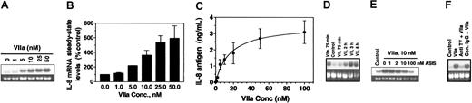 Figure 1. FVIIa-induced IL-8 expression in breast carcinoma cells. Quiescent monolayers of MDA-MB-231 cells were treated with varying concentrations of FVIIa (A-C), a plasma concentration (10 nM) of zymogen FVII or FVIIa (D), or varying concentrations of active site-inactivated FVIIa (ASIS/FFR-FVIIa), followed by 10 nM FVIIa (E). (F) Cells were pretreated with anti-TF IgG or control IgG (100 μg/mL) for 45 minutes before FVIIa (10 nM) was added to the cells. Unless otherwise specified, cells were treated with FVIIa for 75 minutes at 37°C, and total RNA was isolated and subjected to Northern blot analysis. (A, D-F) Representative Northern blot analysis of IL-8 mRNA; (B) quantitative data from such experiments. (C) IL-8 antigen levels in overlying conditioned media of MDA-MB-231 cells treated with varying concentrations of FVIIa. Error bars indicate SEM from 2 to 3 experiments.