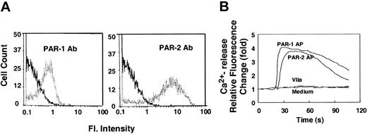 Figure 3. Expression and functional activity of PAR-1 and PAR-2 in MDA-MB-231 cells. (A) MDA-MB-231 cells were probed with anti–PAR-1 (ATAP2) or anti–PAR-2 (SAM11) monoclonal antibodies, followed by FITC-labeled secondary antibody. FITC-labeled cells were analyzed by flow cytometry. Solid lines represent background fluorescence (control IgG), whereas dotted lines represent fluorescence shift attributable to PAR expression. (B) Intracellular calcium fluxes in response to PAR-1– and PAR-2–specific peptide agonists, or FVIIa. Fluo-4–loaded cells were exposed to a control medium, PAR-1–, or PAR-2–specific peptide agonists (50 μM) or FVIIa (100 nM). The resultant change in fluorescence at 520 nm after excitation at 485 nm is presented as relative fluorescence change compared with basal level fluorescence measured before the addition of compounds.