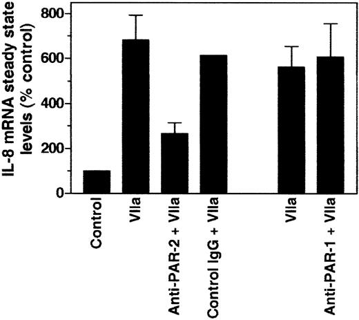 Figure 4. PAR-2 antibody inhibits FVIIa-induced IL-8 mRNA induction. MDA-MB-231 cells were pretreated with control rabbit IgG (500 μg/mL), rabbit anti PAR-2 IgG (500 μg/mL), or monoclonal antibodies against PAR-1 (10 μg/mL ATAP2 plus 25 μg/mL WEDE15) for 1 hour before they were stimulated with FVIIa (50 nM) for 75 minutes. Total RNA was analyzed by Northern blot analysis for IL-8 mRNA, and the hybridization signals were quantitated. Data shown in the figure represent mean ± SEM from 3 to 6 experiments.