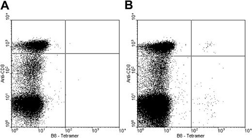 Figure 1. Peripheral blood mononuclear cells stained with a tetramer of HLA-B8-GFKQSSKAL. Panel A is from an HLA-B8–negative healthy donor, and panel B is from an HLA-B8–positive donor.
