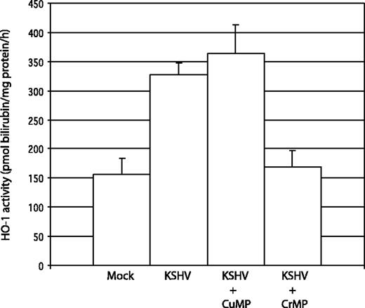 Figure 4. Measurement of HO activity in DMVEC cell extracts. HO activity in uninfected and KSHV-infected DMVEC cell extracts was determined by spectrophotometric measurement of bilirubin production. Cell extracts were incubated with 50 μM heme for 30 minutes at 37°C. The reaction was stopped by the addition of 2 volumes of chloroform, and bilirubin concentration was determined by comparing the difference in optical density at 464 and 530 nm. HO activity was reported as picomoles of bilirubin produced per milligram endothelial cell protein extract per hour. KSHV-infected cells (KSHV) had 2.1-fold greater HO activity relative to uninfected cells (Mock). Treatment with the HO inhibitor CrMP reduced HO activity in infected cells to the level of uninfected cells (KSHV + CrMP), whereas treatment with the noninhibitory heme analog CuMP did not reduce HO activity (KSHV + CuMP). Results were determined in triplicate (error bars indicate ± SD).