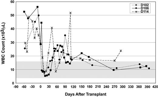 Figure 2. Total WBC counts prior to and following matched littermate transplantation. The total peripheral WBC count (y-axis) was measured at the designated time intervals (x-axis). The time of histocompatible littermate bone marrow transplantation was at day 0. Light dashed line and filled circles represent dog D102 (Scupper), solid line and filled squares represent dog D106 (Diglett), and dark dashed line and asterisks represent dog D114 (Herb).