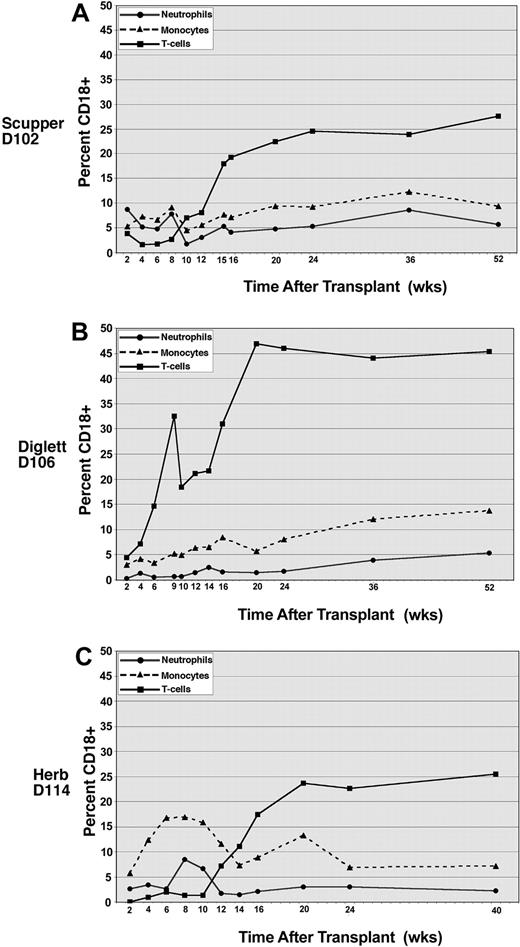 Figure 3. Peripheral blood leukocyte subset chimerism in CLAD dogs receiving transplants. The contribution of each subset to chimerism in dog D102 (A), dog D106 (B), and dog D114 (C) was assessed by flow cytometric analysis of CD18 expression on neutrophils (•), monocytes (▴, dashed lines), and CD3 T cells (▪). Each subset was analyzed using a specific subset antibody (described in “Materials and methods”).