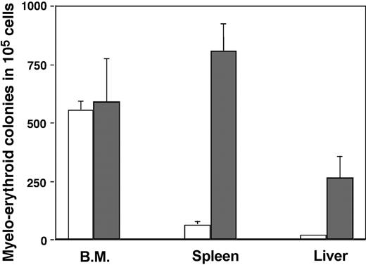 Figure 4. Analysis of myeloerythroid progenitors after osteoblast depletion. Bone marrow, spleen, and liver suspensions from Col2.3ΔTK mice treated with PBS (□) or GCV (▦) were plated in methylcellulose media supplemented with CSF, IL-3, IL-6, and erythropoietin (Methocult M3434; StemCell Technologies). After 10 days of culture, the total number of colonies were counted as a representation of early myeloerythroid progenitors. The experiment was done after 25 days of treatment and includes 3 to 5 mice per experimental group.