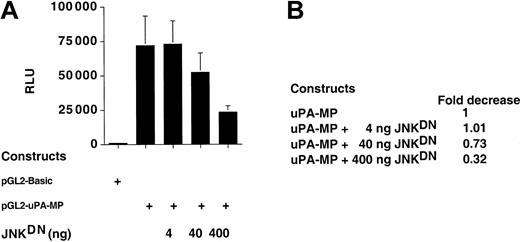 Figure 6. Transcription from the uPA reporter construct is affected by cotransfection of the dominant negative form of JNK in PC3 cells. A uPA-MP reporter plasmid, as for Figure 1, was cotransfected in PC3 cells with increasing amounts of a plasmid constitutively expressing the dominant negative form of JNK. The uPA minimal promoter element displays a substantial, dose-dependent reduction of transcription in the presence of JNKDN (A). Error bars indicate SD. (B) Quantitation of the results in panel A is as in Figure 1.