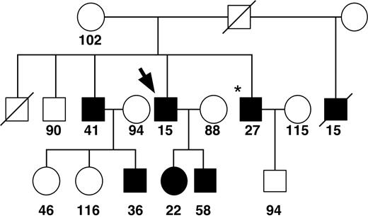 Figure 1. Family pedigree for patient 1 (fXI-Gly400Val). The bold arrow indicates patient no. 1, while the asterisk indicates the original proband from the study by Litz et al.16 Symbols filled in black represent family members with bleeding symptoms. Plasma fXI activity levels are indicated below each symbol.16 A diagonal slash indicates that the person is deceased. The figure is modified from Litz et al16 and reprinted by permission of Wiley-Liss Inc, a subsidiary of John Wiley & Sons Inc.
