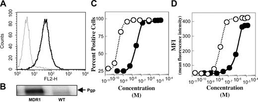 Figure 1. Expression of CD19 and P-gp as determined by the binding of anti-CD19 (HD37) and anti–P-gp (UIC2) MAbs to Namalwa/MDR1 cells. (A) Cell surface P-gp expression on Namalwa (dashed line) versus Namalwa/MDR1 (solid line), detected with PE-mouse anti–P-gp (UIC2) and analyzed on a FACScan, and (B) the corresponding total P-gp protein level, detected by Western blotting of the 1% Triton X-100 cell lysates (100 μg protein/lane). The binding affinities of HD37 (○) and UIC2 (•) for P-gp on Namalwa/MDR1 cells were calculated from the saturation curve expressed as (C) percent positive cells and (D) mean fluorescence intensity (MFI).