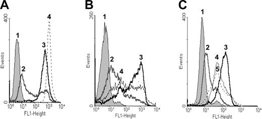 Figure 2. Rhodamine 123 efflux as a functional test for the P-gp pump. Namalwa/MDR1 cells at 5 × 105 per milliliter were treated for one hour at 37°C with 1.3 μM rhodamine 123 alone or in combination with 10 μM verapamil, 10–8 M HD37, or UIC2. Then cells were washed twice with RPMI 1640 without FBS, resuspended in FBS-free medium, and incubated for 2 more hours at 37°C to measure efflux. Namalwa cells were used as a positive control for the retention of rhodamine 123. (A) Namalwa/MDR1 cells in media (1) without rhodamine 123, (2) with rhodamine 123, and (3) with verapamil and rhodamine 123; and (4) Namalwa cells with rhodamine 123. (B) Namalwa/MDR1 cells (1) without rhodamine 123, and with rhodamine 123 in the (2) absence and (3) presence of verapamil. (4) Cells were pretreated for 10 minutes at 37°C with 10 mM MBCD prior to conducting the rhodamine 123 assay. (C) Namalwa/MDR1 cells with media (1) without rhodamine 123, (2) with rhodamine 123, (3) treated with verapamil and rhodamine 123, (4) treated with anti-CD19 (HD37) and rhodamine 123, and (5) treated with anti–P-gp (UIC2) and rhodamine 123. The histograms in each panel depict 1 representative experiment of 3 performed.