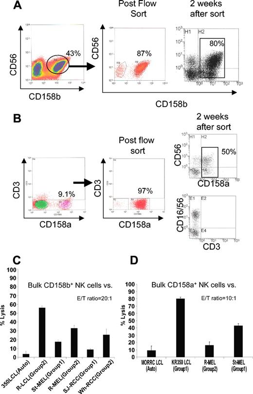 Figure 1. Isolation of CD158b+ (KIR 2DL2/3) and CD158a+ (KIR 2DL1) NK populations. (A) NK cells were enriched by negative selection from PBMCs of a healthy donor (KR0350) homozygous for HLA-C group 1 (C-G1), then expanded in vitro using irradiated EBV-LCL feeders. Two weeks later, CD3–/CD56+/CD158b+ NK cells were isolated by flow sorting, then expanded for another 2 weeks to remove any remaining surface-bound antibodies. (B) In a similar fashion, CD158a+ NK cell populations were isolated by flow sorting from healthy donor MORRC homozygous for HLA-C group 2 (C-G2). Percentages of CD3–/CD56+/CD1586b+ cells are shown. (C) At a 20:1 E/T ratio, NK cells enriched for CD158b (80% positive) lysed a significantly higher percentage of KIR-incompatible EBV-LCL, melanoma, and RCC cells homozygous for HLA-C group 2 (KIR incompatible) compared with HLA-C group 1 homozygous KIR-matched tumor targets. (D) These cells lysed a significantly higher percentage of EBV-LCL and melanoma cells homozygous for HLA-C group 1 (KIR incompatible) compared with the HLA-C group 2 homozygous KIR-matched targets. Mean values +SD of 3 samples are shown.