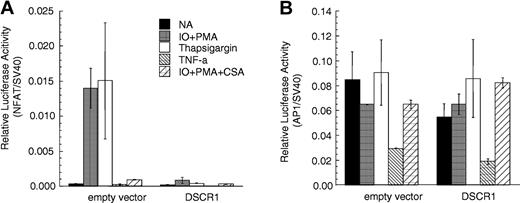 Figure 3. DSCR1 interferes with transcriptional activity of NFAT in activated endothelial cells. (A) Luciferase reporter gene analysis of HUVECs transfected with a mixture including CMV-driven expression vectors encoding a C-terminally epitopetagged version of DSCR1 (DSCR1-FLAG) or equal amounts of an empty vector. Luciferase reporter constructs contained either 3 NFAT-binding sites (NFAT-Luc) or 3 copies of an AP1 (B) binding sites, respectively. Forty-eight hours after transfection, cells were stimulated with PMA (200 ng/mL), thapsigargin (50 nM), or IO (5 μM) for 6 hours. Cells were lysed and analyzed for reporter gene expression. Data shown represent luciferase activity relative to SV40-RL activity. Data represent the means of triplicate samples ± SD of one representative of 4 independent experiments.