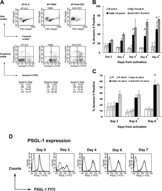 Figure 2. Cross-linking of PSGL-1 induces activated mouse T-cell death. Mouse splenocytes of B6 mice stimulated with ConA (A-B) and those of AND TCR transgenic mice stimulated with specific antigen, PCC (C), were used. At the indicated time, activated mouse T cells were incubated with rabbit antihamster antibody plus TAB4 or control antibodies. After 6 hours, the cell death was assayed by flow cytometry with Annexin-V FITC and propidium iodide staining. Error bars in panels B and C indicate standard deviation. (D) PSGL-1 expression on T cells at different activation stages was detected by staining with TAB4 (coarse line) or hamster Ig (fine line), followed by antihamster FITC and analyzed by flow cytometry. The data represent at least 3 independent experiments and were analyzed by ANOVA test with Bonferroni correction for multiple comparisons. *Difference of cell death between TAB4-treated and negative control antibody–treated groups, P < 0.01. ∧ Significant increase of TAB4-induced cell death with time, P < .01