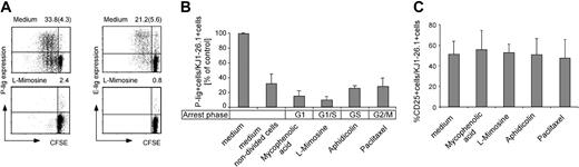 Figure 3. Inhibitors of the cell cycle suppress expression of P-lig but not other activation-induced molecules. Naive CD4+ T cells were stimulated as in Figure 1 in the absence or presence of the indicated drugs arresting the T cells in different phases of the cell cycle. The percentage of selectin lig-positive cells within CD4+ KJ1-26.1+ cells was determined on day 3. (A) A representative dot plot of P-lig and E-lig expression among total KJ1-26.1+. The percentages of selectin lig-positive cells among all and among undivided (in parentheses) cells is given. (B) Four separate experiments are summarized, and the mean + SD is given. To compare these experiments, the frequency of P-lig–positive cells induced in the absence of cell-cycle inhibitors is set to 100% for each experiment, and the relative frequency within undivided and inhibitor-treated cultures was determined. (C) CD25 expression on KJ1-26.1+ cells at day 1 after activation. The mean + SD from 3 separate experiments is given.