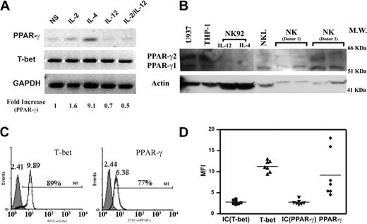 Figure 1. PPAR-γ expression in freshly isolated human NK cells. (A) RT-PCR detection of PPAR-γ mRNA and T-bet. Freshly isolated human NK cells were treated with IL-2, IL-4, IL-12, and IL-2 plus IL-12 for 24 hours. RT-PCR was performed to detect PPAR-γ, T-bet, and glyceraldehyde-3-phosphate dehydrogenase (GAPDH). Densitometry analysis was performed to quantitate the expression level of PPAR-γ as indicated. (B) Identification of PPAR-γ protein by Western blotting. Immunodetection of PPAR-γ in cell lysates of freshly isolated human NK cells, NK92 cells, NKL cells, THP-1 cells, and U937 cells. NKL cells were treated with IL-4 for 24 hours. Both THP-1 and U937 cells were treated with phorbol-12-myristate-13-acetate (PMA) for 24 hours. (C) Detection of PPAR-γ and T-bet by flow cytometry in human NK cells. CD56+ cells were gated on human NK cell population, and expression of PPAR-γ and T-bet was detected by flow cytometry through intracellular staining. Shaded histograms are the Ab isotype control; open histograms are anti-T-bet and anti-PPAR-γ, respectively. Brackets represent the percentage of positive cells relative to the control. Numbers above the peaks refer to the mean fluorescence intensity (MFI). (D) Relative expression levels of PPAR-γ and T-bet in NK cells from 7 donors. MFI; control IgG for T-bet: IC (T-bet) (▪); anti-T-bet: T-bet (▴); control IgG for PPAR-γ: IC (PPAR-γ) (▾); and anti-PPAR-γ: PPAR-γ (♦) are represented by in each group. Horizontal bars represent the mean of each set.