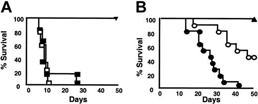 Figure 3. Fas expression on donor T cells is required for IL-18-mediated GVHD protection in MCH class II-disparate BMT, but it does not have a role in MHC class I-dependent GVHD induced by IL-18. (A) bm12 animals underwent irradiation and transplantation with TCD BM from B6 and CD4+ T cells from allogeneic Fas-deficient lpr (H-2b) donors and were injected with IL-18 (▪, n = 6) or the diluent (□, n = 5) as in Figure 1. IL-18 had no effect on the mortality (▪ vs □, P = .69). (B) bm1 (B; •, n = 11; ○, n = 11) recipients were given 13 Gy TBI and underwent transplantation as in Figure 1, with TCD BM from B6 donor plus CD8+ T cells from Fas-deficient lpr donors. For syngeneic BMT, bm1 (▴, n = 6) recipients received TCD BM plus CD8+ cells from bm1 donors. Mice that underwent transplantation received rmIL-18 (• and ▴) or the diluent (○) from day -2 to +2, as in “Materials and methods.” Percentage survival after BMT. • vs ○; P = .0005.