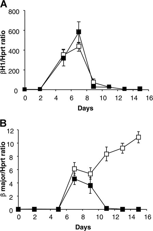 Figure 5. Kinetics of β-H1 and β-major globin expression. Analysis of RNA extracted from EBs derived from WT (□) and G6pdΔ (▪) ES cells at different days of differentiation. (A) The ratio of bands specific for β-H1 globin to bands specific for Hprt, produced by semiquantitative RT-PCR, plotted against the days of differentiation. (B) Ratio of bands specific for adult globin β-major to bands specific for Hprt, produced by semiquantitative RT-PCR, plotted against days of differentiation. Data represent the average of three independent experiments (mean ± SD).