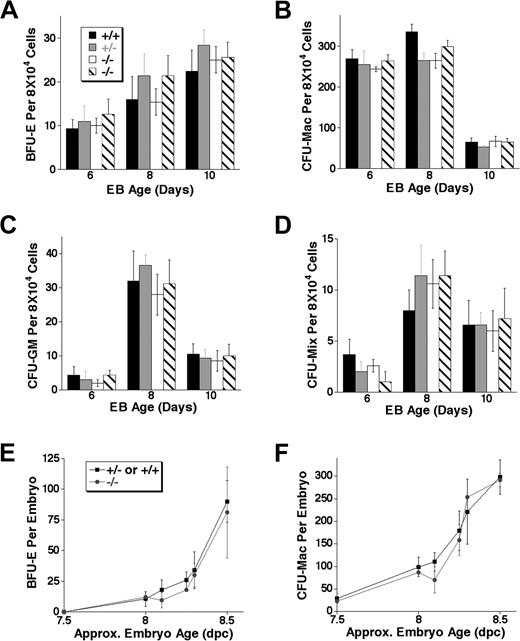 Figure 4. Notch1-deficient (Notch1in32 allele) EBs and early embryos display normal definitive colony-forming unit (CFU) progenitor activity. (A-D) EBs differentiated in liquid culture for 6, 8, or 10 days were trypsinized to obtain single-cell suspensions and replated to assay for the following definitive colony-forming progenitors: (A) burst-forming unit–erythroid (BFU-E), (B) colony-forming unit–macrophage (CFU-Mac) (C) colony-forming unit–granulocyte/monocyte (CFU-GM), or for (D) colony-forming unit–mix (CFU-Mix). Values represent the average of 3 replicate platings and error bars indicate SD. Similar results were obtained in independent experiments from EBs differentiated for 10 or 12 days. Wild type (+/+), Notch1 heterozygous (+/–), and 2 independently derived Notch1 null (–/–) ES cell lines were examined. (E-F) Notch1-deficient embryos or littermate controls were dissected at various stages of development. The entire embryo or the dissected yolk sac was dispersed to a single-cell suspension and assayed in methylcellulose with cytokines for the following definitive colony-forming progenitors: (E) definitive erythroid (BFU-E) and (F) macrophage (CFU-Mac). Each time point represents the average number of CFUs from Notch1-deficient (–/–) or control (+/– or +/+) littermate embryos whose approximate chronologic age was based on morphology and/or somite numbers. Error bars represent SD. Similar results not shown in this graph were obtained in additional experiments performed at various embryonic stages.