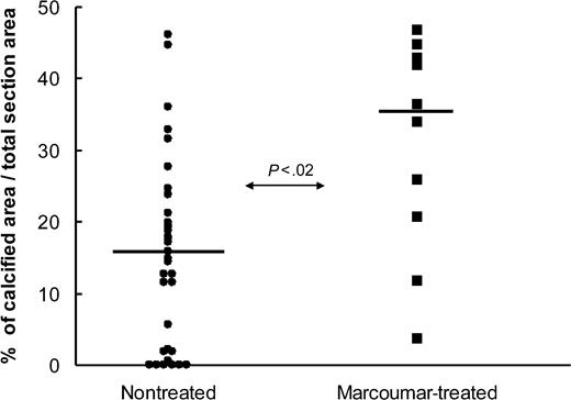 Figure 1. Difference in calcification score measured in aortic heart valves. Plot represents patients with (▪) and without (•) preoperative marcoumar treatment. Values are expressed as calcification area compared with total section area in percentage. Each value is the mean of 5 measurements per heart valve. Horizontal bar is the median of each group.
