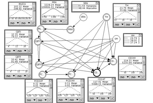 Figure 1. Bayesian Analysis between neonatal and process factors. Weight baby (PRN); sex (SRN); cord blood unit collected volume (ml); initial white cell (GBTI); total final white cell(GBTF); % total CD34+ ( PCD34T); % viable CD34+ (PCD34V); total CD43+ (CD34T); viable CD34+ (CD34VA); ginecology unit (UH); time hour (TH).
