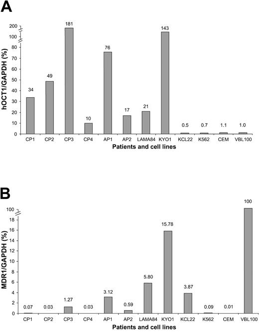 Figure 5. Quantification of hOCT and MDR1 gene expression in cell lines and primary CML cells by real time RT-PCR. (A) hOCT1 and (B) MDR1 levels are expressed relative to those in VBL cells (arbitrary level of 1.0).