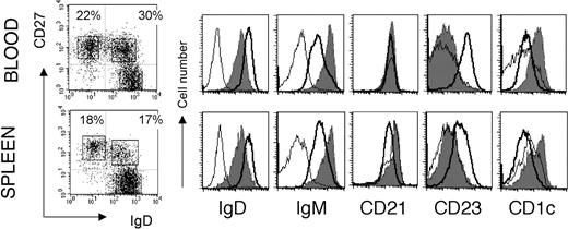 Figure 1. Markers specific of marginal zone B cells shared by blood and spleen IgM+IgD+CD27+ subsets. Purified B cells from blood and spleen are analyzed separately for IgM, CD21, CD23, and CD1c surface expression after gating of the 3 different CD19+ lymphocyte subsets distinguished by IgD and CD27 labeling. These data correspond to 1 representative case out of 4 different individuals. Naive B cells (IgD+CD27-) are indicated by the bold line; IgD+CD27+ B cells, the gray shadow; IgD-CD27+ cells, the thin line. Percentages of cells in the 2 CD27+ quadrants are indicated. The absence of IgM+ cells among the IgD-CD27+ subset is noticeable.