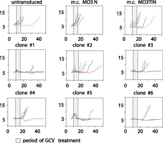 Figure 2. Tumor relapses after suicide gene therapy in animals that received transplants of either uncloned or cloned MO3TIN cells occur with variable kinetics. The tumor size (y-axis, diameter of the hind leg in mm) was determined in mice (n = 5 per group) at regular intervals (days after inoculation, x-axis). m.c. indicates mass culture; all clones are transduced with a single copy of the MO3TIN vector.