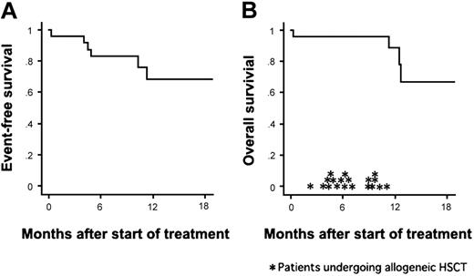 Figure 2. Kaplan-Meier curves of event-free survival and overall survival. The probabilities of event-free survival and overall survival for the 24 patients treated with the combination therapy. Allogeneic HSCT was performed for 19 patients (*), with 15 of them undergoing transplantation during CR1.