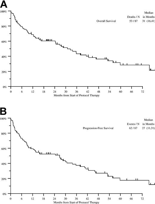 Figure 2. Overall and progression-free survival of the entire cohort. (A) Overall survival. (B) Progression-free survival.