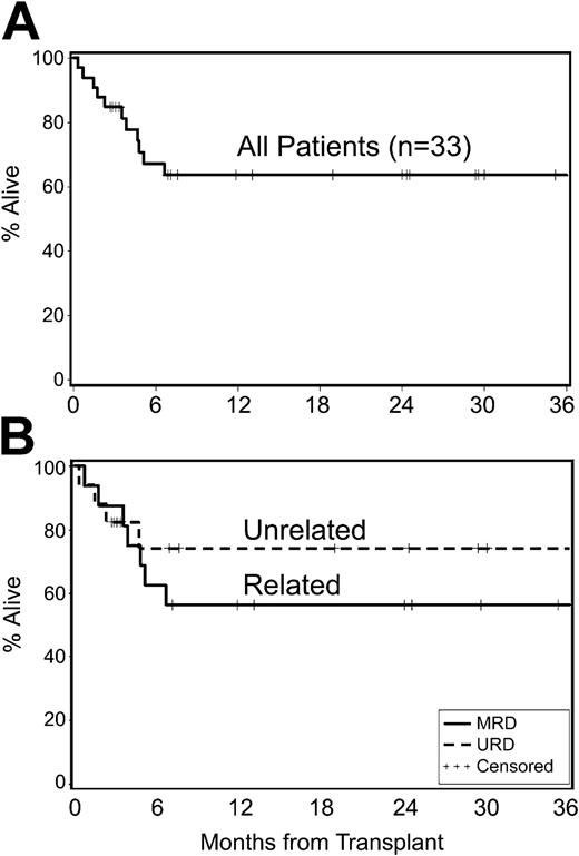 Figure 5. Kaplan-Meier estimates of overall survival. Overall survival for (A) all 33 patients and (B) unrelated (n = 17) and related (n = 16) recipients after nonmyeloablative conditioning and HCT for mantle cell lymphoma.