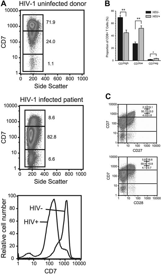 Figure 1. Down-modulation of CD7 expression in CD8 T cells in patients infected with HIV-1. (A) PBMCs from healthy adult blood donors and adult patients infected with HIV-1 were stained with monoclonal antibodies, including CD7. Data in plots are gated on CD8 T cells. Numbers in figure indicate percentage of cells within the 3 gates. The bar chart (B) represents accumulative data from uninfected healthy blood donors (n = 23) and subjects infected with HIV-1 (n = 17); **P < .001; *P < .005. Statistical analysis: independent samples t test. Mean and standard error is shown. (C) The expression of CD27 and CD28 splits the CD7low and CD7negative CD8 T-cell subsets into separate subpopulations.