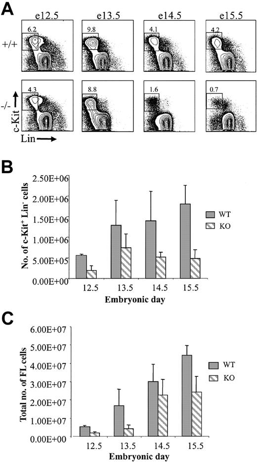 Figure 2. Progressive decline in c-Kit+Lin- progenitor cells in PU.1-/- embryos. (A) Representative FACS analysis of wild-type and PU.1 knockout embryos between e12.5 and e15.5. The number of embryos representing each genotype is indicated in the legend of Figure 1. Numbers in each plot indicate the percentage of cells within the gated populations. (B) Differences in c-Kit+Lin- cells between +/+ and -/- embryos were statistically significant (P < .05) at all days indicated. (C) Reduction in the total fetal liver cellularity in PU.1-/- embryos. The number of embryos representing each genotype is indicated in the legend of Figure 1. Error bars indicate SEM.