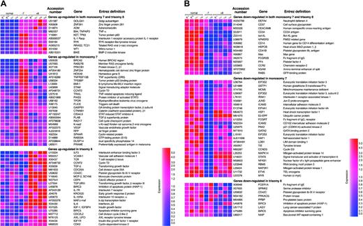 Figure 1. Up- or down-regulated gene expression in MDS. Expression levels are shown on the color scale: red indicates overexpression; blue, underexpression. Vertical axes indicate sample resources. Normal indicates healthy control; -7, monosomy 7; +8, trisomy 8; P, pooled sample; and I, individual sample.