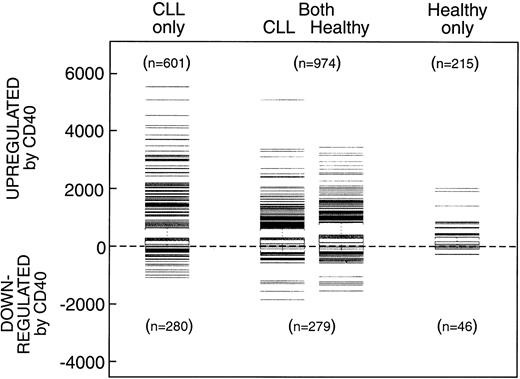 Figure 1. Numbers and relative changes in gene expression. Number of genes that were significantly increased or decreased (P < .01) after 3 days of culture on CD40-transfected feeder cells compared to mock-transfected cells in CLL and healthy B cells.