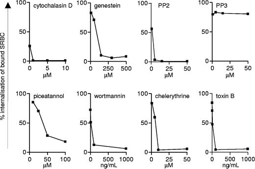 Figure 1. Titration of inhibitors of Fcγ-mediated phagocytosis. The effects of various inhibitors on SRBC uptake in RAW264.7 cells was assessed to identify conditions that inhibited the components of the Fcγ uptake machinery, as described in “Dectin-1-mediated phagocytosis is Syk-independent in macrophages.”