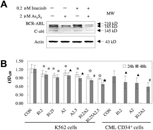 Figure 5. Effects of imatinib and/or As4S4 on BCR-ABL oncoprotein and PTK activity in K562 cells and primary CML cells. (A) Western blot analysis of BCR-ABL of K562 cells after 48 hours of treatment. (B) PTK activity of K562 cells and primary BMMNCs from CML-AP patients. Analysis was performed after treatment with As4S4 and/or imatinib for 24 hours and 48 hours (n = 3, mean ± SD). Statistical analysis using a one-side paired t test (*, P < .05 versus control; ▴, P < .01 versus control; ☆, P < .05 versus imatinib, As4S4 group, and control; ⋆, P < .01 versus imatinib, As4S4 group, and control; #, P < .05 versus imatinib, As4S4 group, and P < .01 versus control). CON indicates control; I 0.2, 0.2 μM imatinib; I 0.25, 0.25 μM imatinib; A2, 2 μM As4S4; A2.5, 2.5 μM As4S4; I 0.2A2, 0.2 μM imatinib and 2 μM As4S4; and I 0.25A2.5, 0.25 μM imatinib and 2.5 μM As4S4.