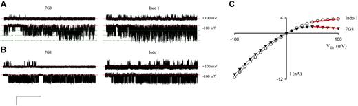 Figure 6. Functional polymorphisms in PSAC gating. (A) Three-channel patches from 7G8- and Indo 1–infected cells, left and right sweeps respectively. (B) Single-channel recordings. The scale bars represent 4 pA/400 ms in panel A and 3 pA/525 ms in panel B. Identical Vm values were imposed for each isolate, as indicated. Dashed red and dotted green lines represent closed and open channel levels, respectively. PSAC behavior in these isolates differed at a Vm of +100 mV with more frequent openings (brief upward spikes in upper traces) on Indo 1 than on 7G8. To avoid bias, these traces were selected because they have open probabilities matching the average for their corresponding isolates (10 single-channel patches each). (C) Whole-cell current-voltage profiles for single RBCs infected with either an Indo 1 parasite (○) or a 7G8 parasite (▾). Red lines illustrate the differing chord conductances between +50 mV and +100 mV. For each isolate, similar results were obtained using blood from approximately 9 separate donors.