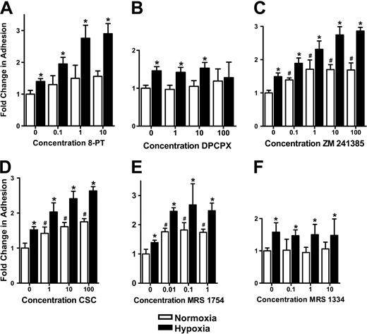 Figure 1. Influence of adenosine receptor inhibition on PMN adhesion to posthypoxic endothelia. HMEC-1s were subjected to normoxia (pO2 147 mm Hg for 48 h, □) or hypoxia (pO2 20 mm Hg for 48 h, ▪) followed by determination of FMLP-stimulated PMN adhesion in the presence or absence of indicated concentrations of adenosine receptor antagonists. PMN adhesion was determined by assessment of BCECF-labeled PMNs binding to normoxic or posthypoxic HMEC-1s. Results are presented as the fold change (± SD) in BCECF fluorescence in the presence of (A) the nonselective antagonist 8-phenyl-theophylline (8-PT); (B) the AdoRA1 antagonist DPCPX; (C) the AdoRA2A antagonist ZM 241385; (D) the AdoRA2A antagonist CSC; (E) the AdoRA2B antagonist MRS 1754; (F) or the AdoRA3 antagonist MRS 1334. Results are presented as the fold change (± SD) in BCECF fluorescence (μM concentrations; *P < .05 compared with normoxia; #P < .025 compared with no antagonist control).