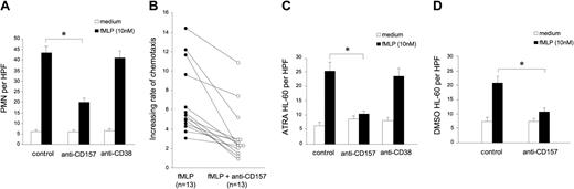Figure 5. CD157 regulates neutrophil chemotaxis in response to fMLP. (A) PMNs treated with an isotype-matched Ig, anti-CD157, or anti-CD38 (5 μg/mL, 15 minutes at 37°C) were exposed to medium (□) or 10 nM fMLP (▪). There were 5 fields counted per well, and neutrophil chemotactic response was expressed as the mean number of migrated cells per high-power field (HPF; 100×) from triplicate wells (PMNs per HPF), ± SD. Data are the average of 13 donors analyzed. *P < .05. (B) Inhibitory effects of anti-CD157 on fMLP-induced neutrophil chemotaxis in 13 donors. The increasing rate of fMLP-induced chemotaxis was evaluated as fMLP-induced migration/basal migration in the absence (•) or in the presence (○) of anti-CD157 mAb. P = .004. (C) fMLP-induced chemotaxis of ATRA-treated HL-60 cells and (D) DMSO-treated HL-60 cells are reduced by CD157 ligation. Number of migrated cells was calculated as in panel A. Data are the average of 3 separate experiments. *P < .05.