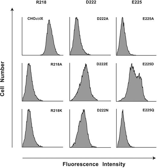 Figure 3. The charged amino acids Arg218, Asp222, and Glu225 are indispensable for the AP1 epitope. Flow cytometry histograms of AP1 binding to mutations of the 3 charged residues, Arg218, Asp222, and Glu225, replaced with either Ala, with a residue of the same charge, or in the case of the 2 acidic residues, with the corresponding amides. Results are presented as histograms of the log fluorescence intensities of 104 cells from the representative of 3 to 5 individual experiments.