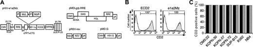 Figure 2. Transduction of the e1a2Mz expression vector into Ph+ ALL cells. (A) Schematic diagrams of the 4 constructs used to produce the e1a2Mz expression HIV(VSV) vector. pHIV-e1a2Mz, pMDLg/p.RRE, pRSV-rev, and pMD.G indicate the e1a2Mz-encoding transfer vector, packaging plasmid, rev expression plasmid, and VSV G-protein expression plasmid, respectively. P indicates tRNAVal (pol III promoter of the e1a2Mz); MzL, e1a2Mz left arm; MzR, e1a2Mz right arm; CMV, cytomegalovirus promoter; LTR, long terminal repeat; ψ, packaging signal; SD, splice donor; SA, splice acceptor; RRE, Rev-responsive element; R, repeat region; ΔU3, promoter/enhancer sequence-deleted U3 (▨); cPPT, central polypurine tract; CTS, central termination sequence; EF-1α, elongation factor 1α subunit promoter; hCD2, human CD2; WPRE, woodchuck hepatitis virus posttranscriptional regulatory element; GAG, gag region of HIV-1; POL, pol region of HIV-1; pA, poly A; RSV, respiratory syncytial virus promoter; and VSV.G, vesicular stomatitis virus G protein. (B) The hCD2 expression in the Ph+ ALL cell line, KOPN-30. The hCD2 expression in KOPN-30 cells 3 days after transduction with control vector (ECD2; Table 1) or e1a2Mz expression vector (e1a2Mz; Table 1) at an MOI of 10 was determined by FCM. Histograms in solid lines indicate untransduced cells and the area under the solid lines represents vector-transduced cells. *The numbers above the bars indicate the percentage of hCD2-positive cells. (C) Transduction efficiencies into human leukemia cell lines, including 5 Ph+ ALL cell lines, with the ECD2 (▪) or e1a2Mz (▨) vector. The results represent means of triplicate experiments.